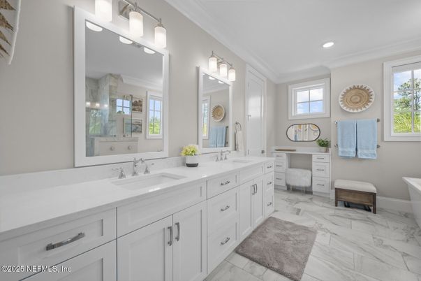 Bathroom, Dual Sink Vanities, Interior, Marble, Recessed Lighting