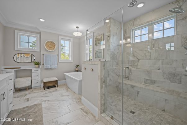 Bathroom, Free Standing Baths, Glass Shower, Interior, Marble, Marble Walls, Recessed Lighting