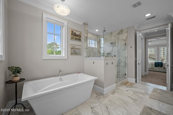 Bathroom, Free Standing Baths, Glass Shower, Interior, Marble, Marble Walls, Pendant Lights, Recessed Lighting