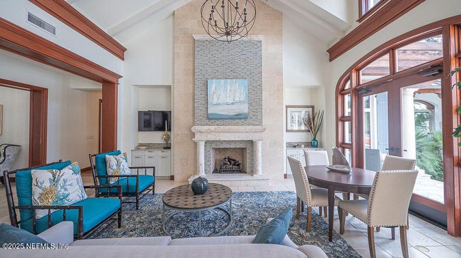 Chandelier, Dining room, Fireplace, Interior, Living room