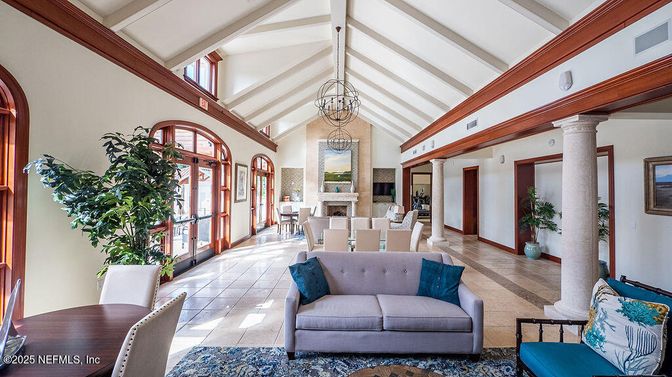 Chandelier, Dining room, Fireplace, Interior, Living room
