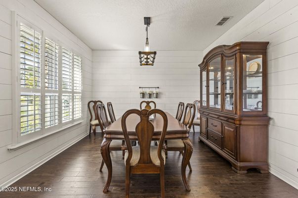 Dining room, Interior, Pendant Lights, Wood Texture Flooring