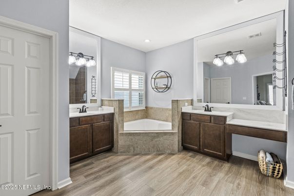 Bathroom, Dual Sink Vanities, Interior, Recessed Lighting, Wood Texture Flooring
