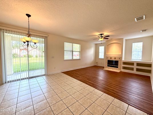 Empty room, Fireplace, Interior, Pendant Lights, Wood Texture Flooring