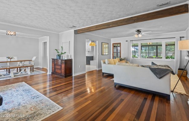 Dining room, Fireplace, Interior, Living room, Pendant Lights, Wooden Beams, Wood Texture Flooring