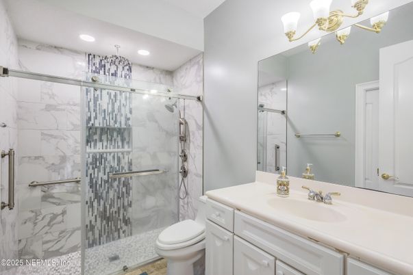 Bathroom, Glass Shower, Interior, Marble Walls, Recessed Lighting