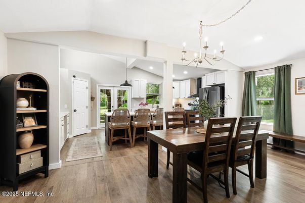 Chandelier, Dining room, Interior, Kitchen, Recessed Lighting, Wood Texture Flooring