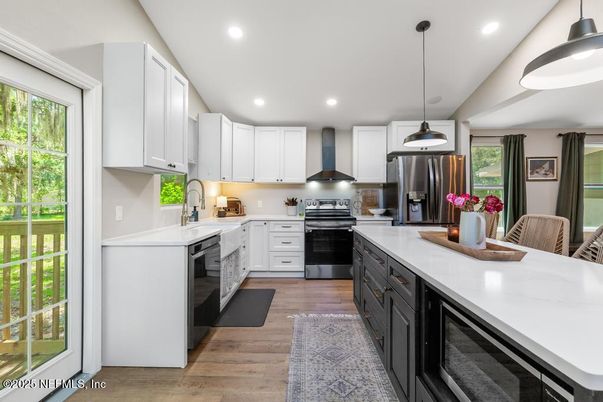 Interior, Kitchen, Pendant Lights, Recessed Lighting, Stainless Steel Appliances, Wood Texture Flooring
