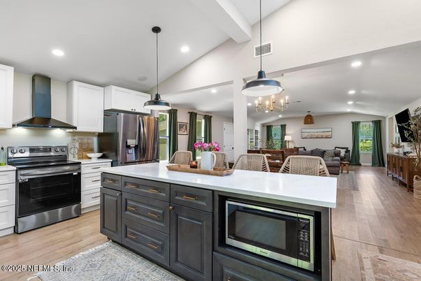Interior, Kitchen, Living room, Pendant Lights, Recessed Lighting, Stainless Steel Appliances, Wood Texture Flooring