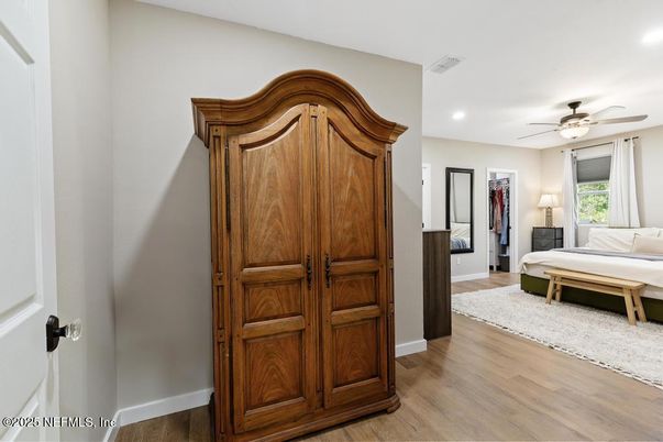 Bedroom, Interior, Recessed Lighting, Wood Texture Flooring