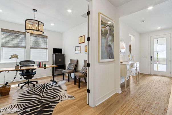 Home Office, Interior, Pendant Lights, Recessed Lighting, Wood Texture Flooring
