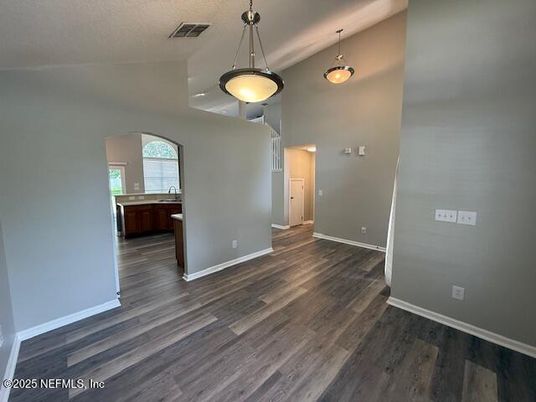 Empty room, Interior, Pendant Lights, Wood Texture Flooring