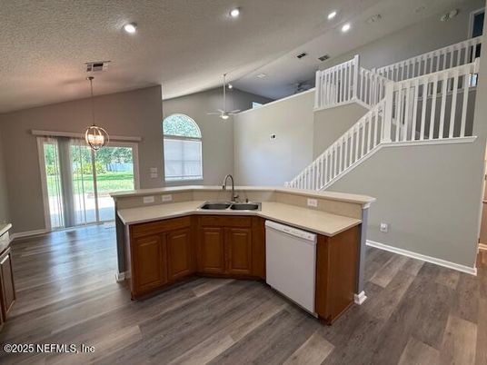 Interior, Kitchen, Pendant Lights, Recessed Lighting, Wood Texture Flooring