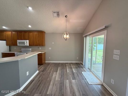 Interior, Kitchen, Pendant Lights, Recessed Lighting, Wood Texture Flooring