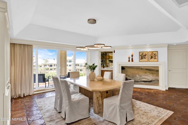 Dining room, Fireplace, Interior, Pendant Lights