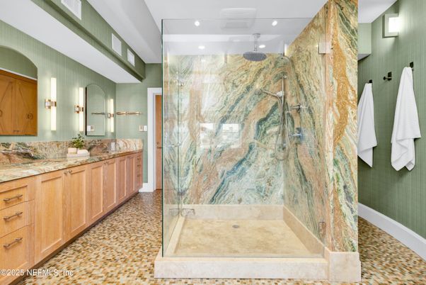 Bathroom, Dual Sink Vanities, Glass Shower, Interior, Recessed Lighting