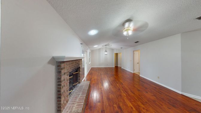 Empty room, Fireplace, Interior, Recessed Lighting, Wood Texture Flooring