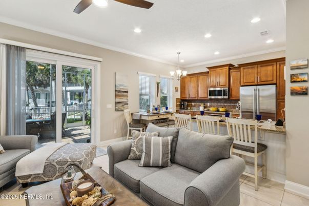 Chandelier, Dining room, Interior, Kitchen, Living room, Recessed Lighting, Stainless Steel Appliances
