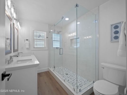Bathroom, Glass Shower, Interior, Recessed Lighting, Wood Texture Flooring