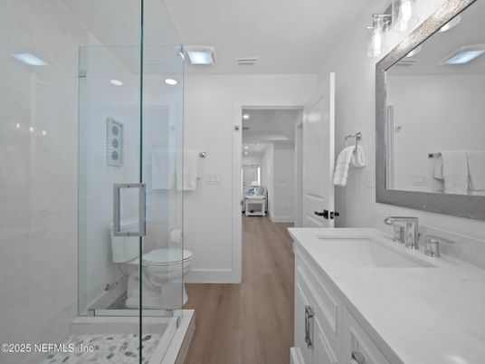 Bathroom, Glass Shower, Interior, Recessed Lighting, Wood Texture Flooring