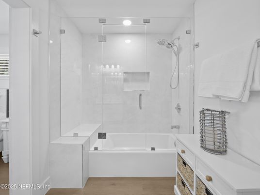 Bathroom, Glass Shower, Interior, Recessed Lighting, Wood Texture Flooring