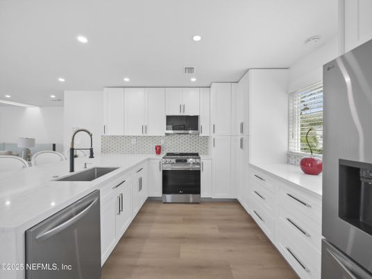 Interior, Kitchen, Recessed Lighting, Stainless Steel Appliances, Wood Texture Flooring