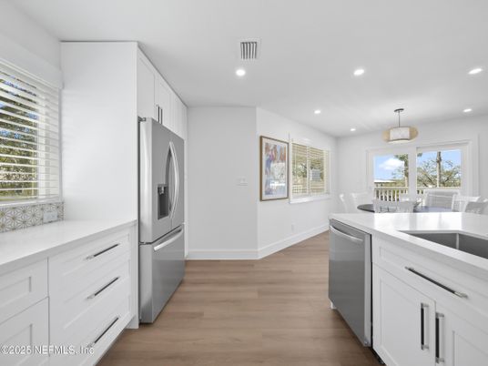Dining room, Interior, Kitchen, Pendant Lights, Recessed Lighting, Stainless Steel Appliances, Wood Texture Flooring