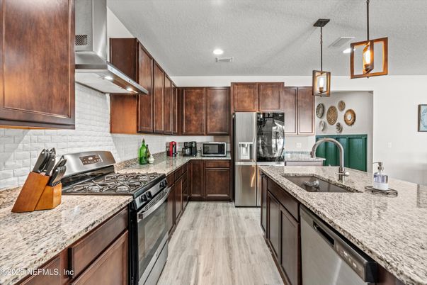 Interior, Kitchen, Pendant Lights, Recessed Lighting, Stainless Steel Appliances, Wood Texture Flooring