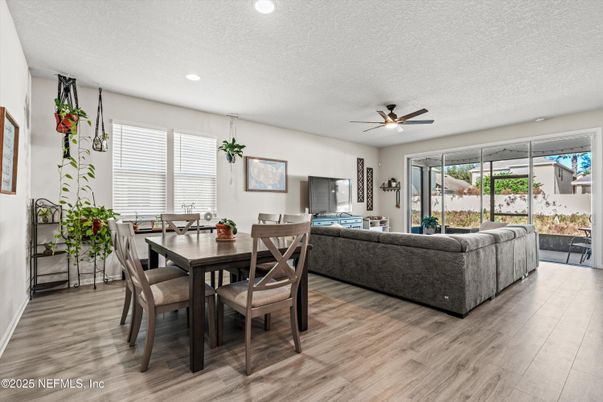 Dining room, Interior, Living room, Recessed Lighting, Wood Texture Flooring