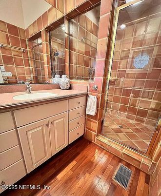 Bathroom, Glass Shower, Interior, Tile Countertops, Wood Texture Flooring