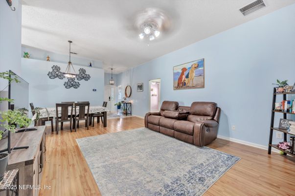 Dining room, Interior, Living room, Pendant Lights, Wood Texture Flooring