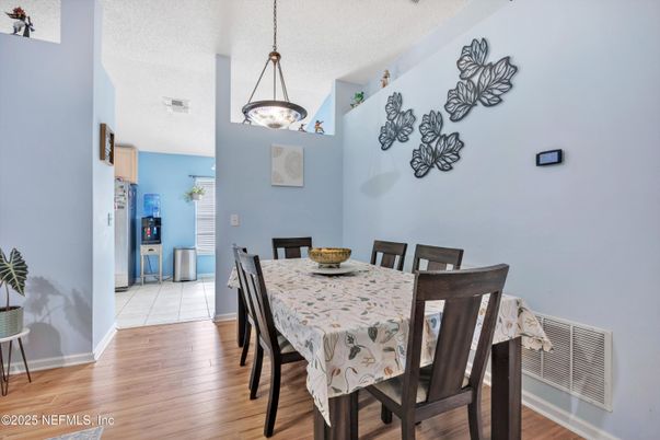 Dining room, Interior, Pendant Lights, Wood Texture Flooring