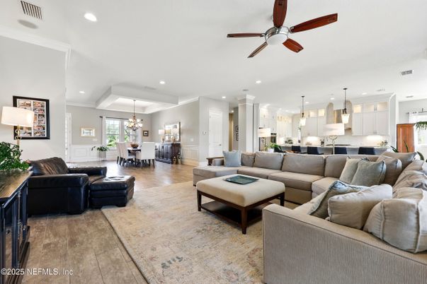 Chandelier, Dining room, Interior, Kitchen, Living room, Pendant Lights, Recessed Lighting, Wood Texture Flooring