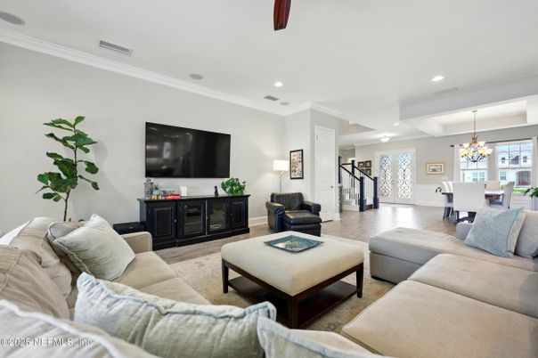 Chandelier, Dining room, Interior, Living room, Recessed Lighting, Wood Texture Flooring
