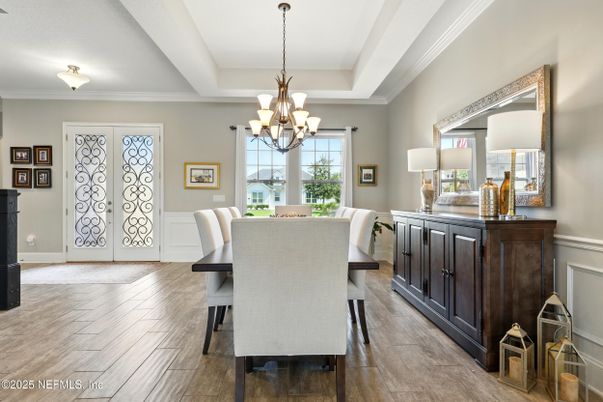 Chandelier, Dining room, Interior, Wood Texture Flooring
