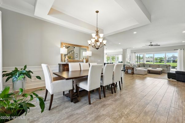 Chandelier, Dining room, Interior, Living room, Recessed Lighting, Wood Texture Flooring