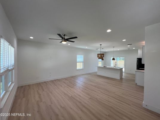 Empty room, Interior, Kitchen, Pendant Lights, Recessed Lighting, Wood Texture Flooring