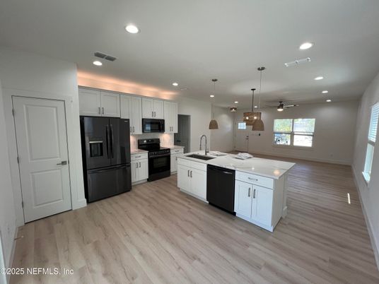 Interior, Kitchen, Pendant Lights, Recessed Lighting, Wood Texture Flooring