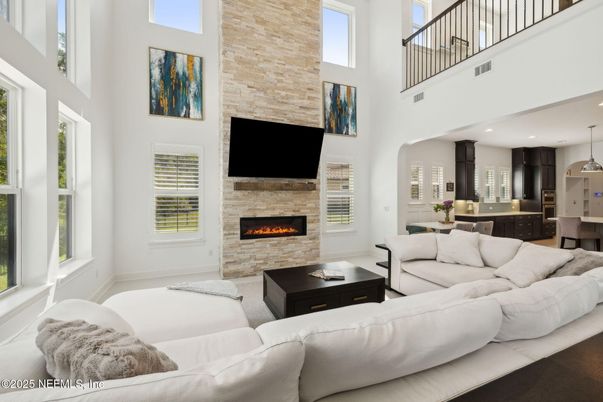 Fireplace, Interior, Kitchen, Living room, Pendant Lights, Recessed Lighting, Stone Walls