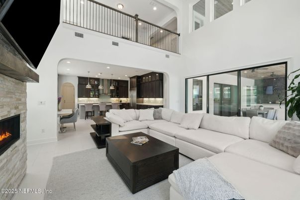 Dining room, Fireplace, Interior, Kitchen, Living room, Pendant Lights, Recessed Lighting, Stone Walls