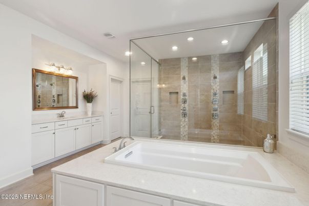 Bathroom, Dual Sink Vanities, Glass Shower, Interior, Recessed Lighting