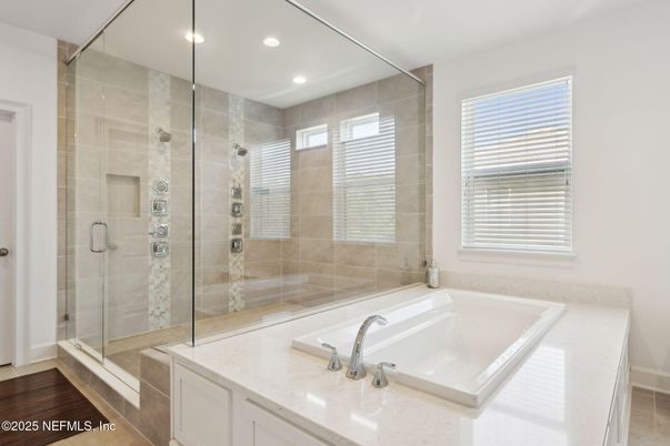 Bathroom, Glass Shower, Interior, Recessed Lighting, Wood Texture Flooring