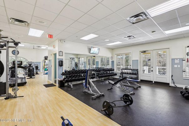 Fitness Equipment, Gym, Interior, Recessed Lighting, Wood Texture Flooring