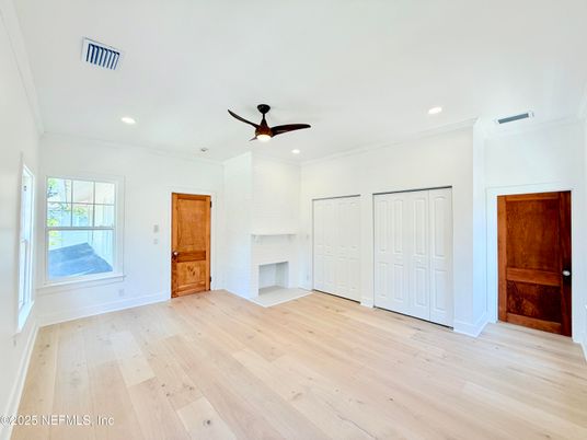 Empty room, Fireplace, Interior, Recessed Lighting, Wood Texture Flooring