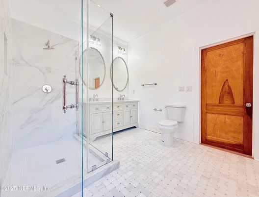 Bathroom, Dual Sink Vanities, Glass Shower, Interior, Marble Walls