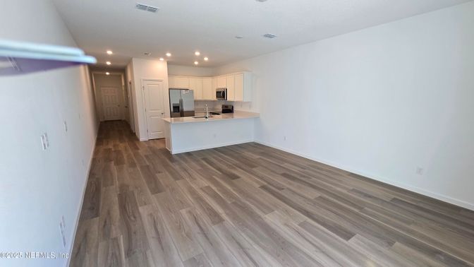 Empty room, Interior, Kitchen, Recessed Lighting, Wood Texture Flooring