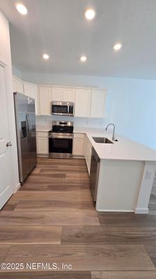 Interior, Kitchen, Recessed Lighting, Stainless Steel Appliances, Wood Texture Flooring