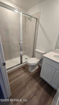 Bathroom, Glass Shower, Interior, Wood Texture Flooring