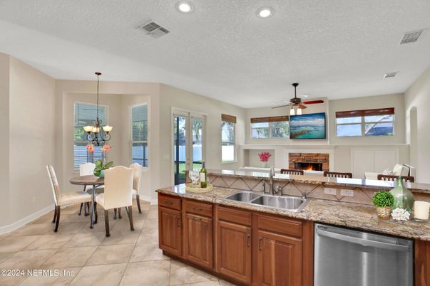Chandelier, Dining room, Fireplace, Interior, Kitchen, Recessed Lighting