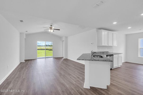 Empty room, Interior, Kitchen, Recessed Lighting, Wood Texture Flooring
